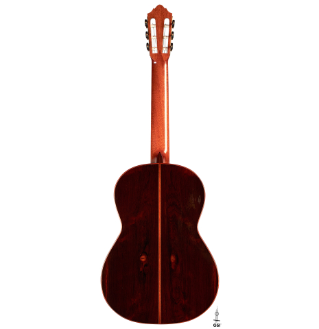 The back of a 1990 Matthias Dammann classical guitar (ex Pepe Romero) made of cedar and CSA rosewood