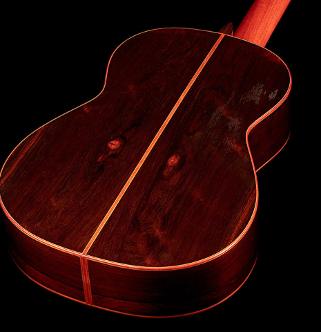 The back of a 1990 Matthias Dammann classical guitar (ex Pepe Romero) made of cedar and CSA rosewood