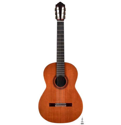 The front of a 1990 Matthias Dammann classical guitar (ex Pepe Romero) made of cedar and CSA rosewood