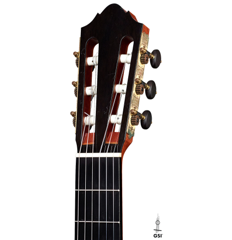 The headstock of a 1990 Matthias Dammann classical guitar (ex Pepe Romero) made of cedar and CSA rosewood
