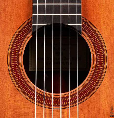 The rosette of a 1990 Matthias Dammann classical guitar (ex Pepe Romero) made of cedar and CSA rosewood
