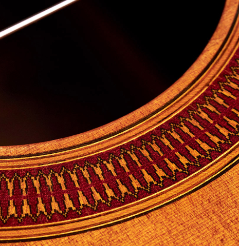 The rosette soundboard of a 1990 Matthias Dammann (ex Pepe Romero) made of cedar and CSA rosewood