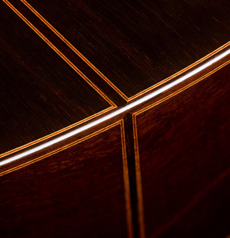 The back and sides at the foot of a 2000 Matthias Dammann classical guitar (ex Scott Tennant) made of cedar and CSA rosewood