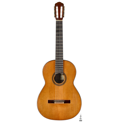 The front of a 2000 Matthias Dammann classical guitar (ex Scott Tennant) made of cedar and CSA rosewood