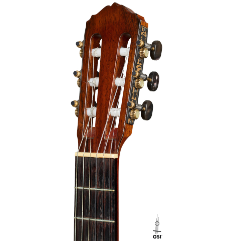 The headstock of a 2000 Matthias Dammann classical guitar (ex Scott Tennant) made of cedar and CSA rosewood