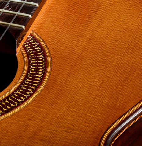 The top and elevated fingerboard of a 2000 Matthias Dammann classical guitar (ex Scott Tennant) made of cedar and CSA rosewood