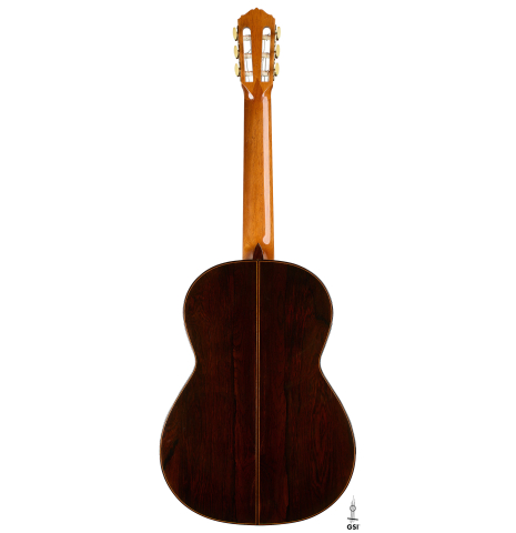 The back of a 1999 Matthias Dammann double-top classical guitar made of cedar and CSA rosewood