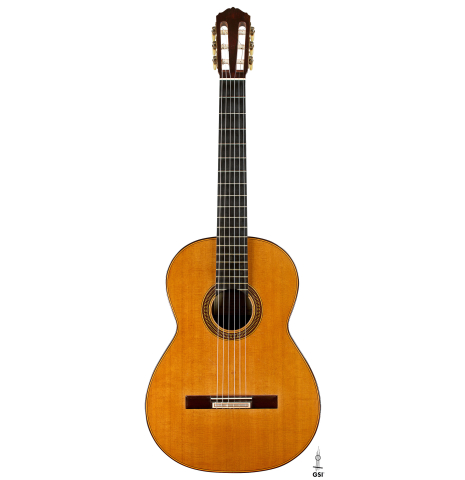 The front of a 1999 Matthias Dammann double-top classical guitar made of cedar and CSA rosewood