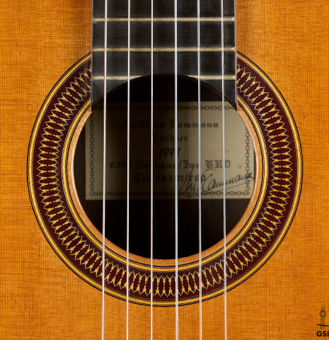 The rosette of a 1999 Matthias Dammann double-top classical guitar made of cedar and CSA rosewood