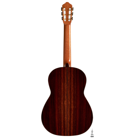 The back of a 2023 Thomas Dauge classical guitar made of spruce and Indian rosewood