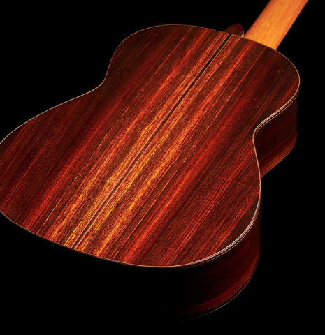 The back and sides of a 2023 Thomas Dauge classical guitar made of spruce and Indian rosewood