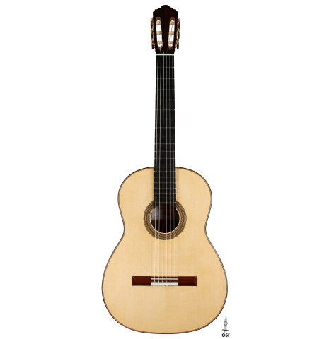 The front of a 2023 Thomas Dauge classical guitar made of spruce and Indian rosewood