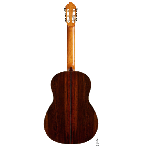 The back of a 2025 Thomas Dauge classical guitar made of spruce and African rosewood