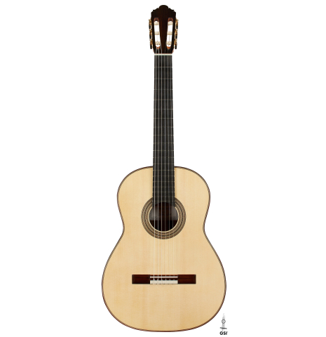 The front of a 2025 Thomas Dauge classical guitar made of spruce and African rosewood