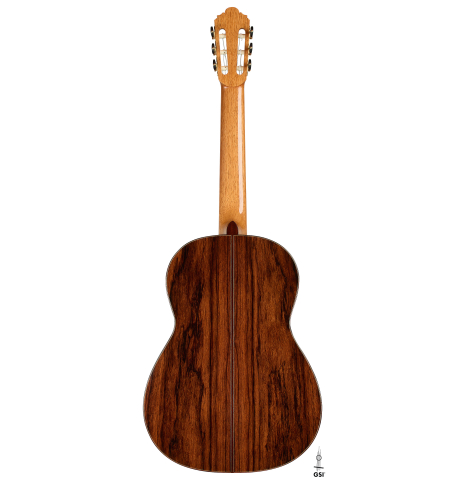 The back of a 2026 Thomas Dauge classical guitar made of spruce and African rosewood