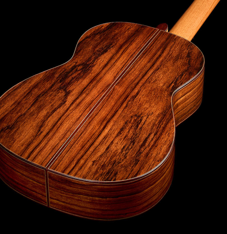 The back and sides of a 2026 Thomas Dauge classical guitar made of spruce and African rosewood