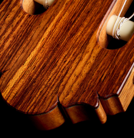 The headstock slots and tuning machine rollers of a 2026 Thomas Dauge classical guitar made of spruce and African rosewood