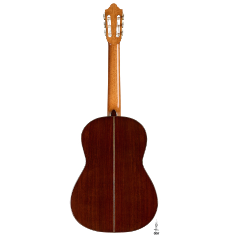The back of a 2019 Thomas Dauge "d'après Daniel Friederich" classical guitar made of cedar and Indian rosewood
