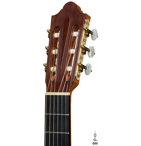 The headstock of a 2019 Thomas Dauge "d'après Daniel Friederich" classical guitar made of cedar and Indian rosewood