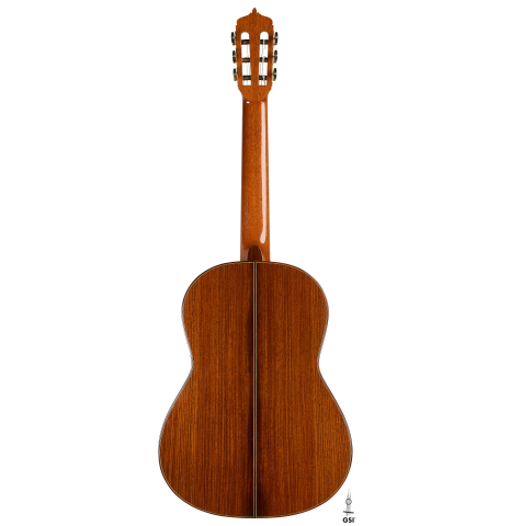The back of a 1993 Christopher Dean classical guitar made of spruce and Indian rosewood