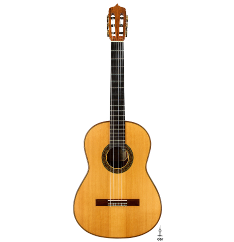 The front of a 1993 Christopher Dean classical guitar made of spruce and Indian rosewood
