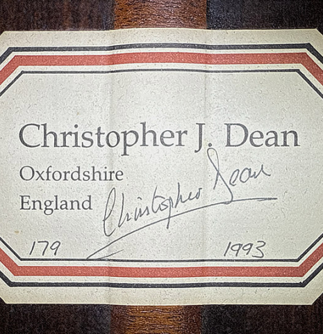 The label of a 1993 Christopher Dean classical guitar made of spruce and Indian rosewood