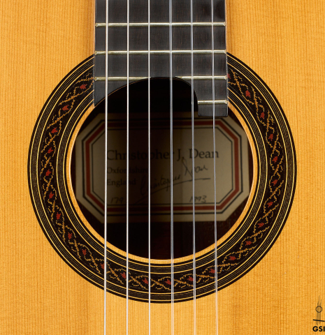 The rosette of a 1993 Christopher Dean classical guitar made of spruce and Indian rosewood