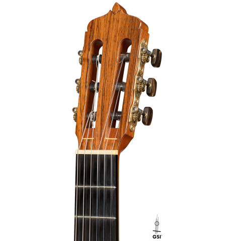 The headstock of a 1993 Christopher Dean classical guitar made of spruce and Indian rosewood