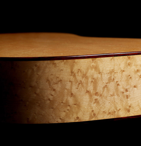 One of the birds-eye maple sides of a 2025 Francesco De Gregorio "Torres, SE 111" classical guitar made of spruce and maple