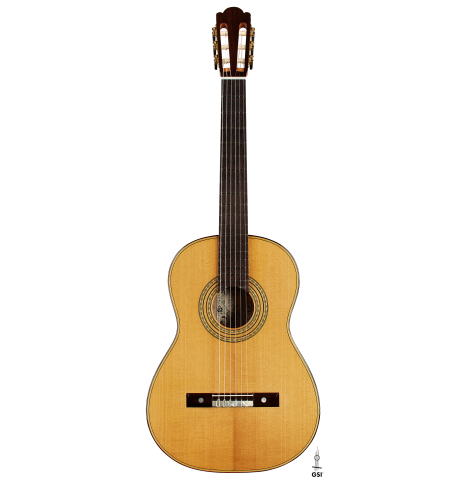 The front of a 2025 Francesco De Gregorio "Torres, SE 111" classical guitar made of spruce and maple