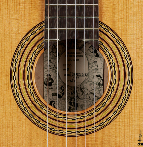 The rosette of a 2025 Francesco De Gregorio "Torres, SE 111" classical guitar made of spruce and maple