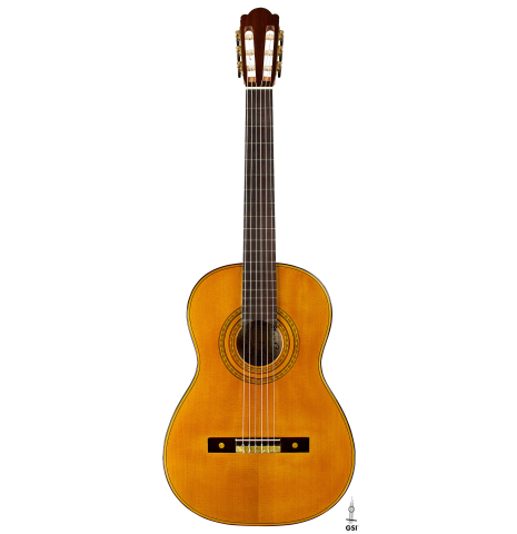 The front of a 2025 Francesco De Gregorio "Torres, SE 111" classical guitar made of spruce and maple