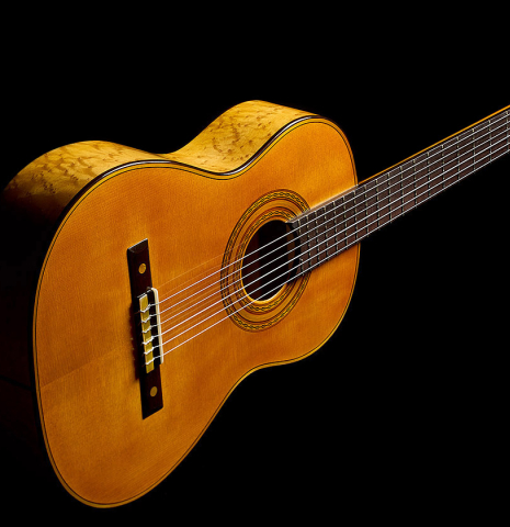The top and side of a 2025 Francesco De Gregorio "Torres, SE 111" classical guitar made of spruce and maple