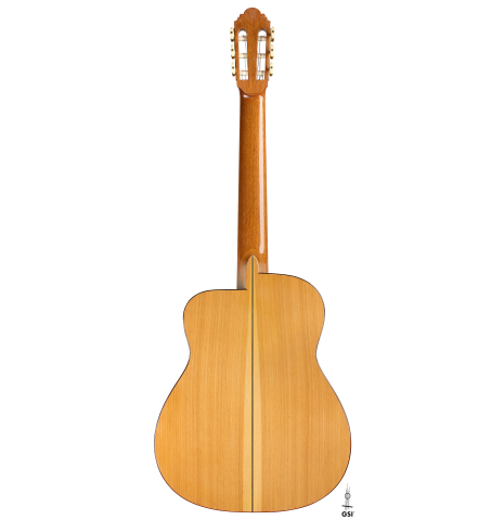 The back of a 2012 Robert Desmond "cutaway w/electronics" classical guitar made of spruce and cypress
