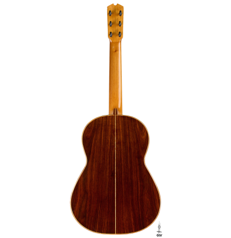 The back of a 2015 Ethan Deutsch w/pegs flamenco negra guitar made of spruce and CSA rosewood
