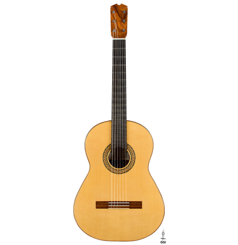 The front of a 2015 Ethan Deutsch w/pegs flamenco negra guitar made of spruce and CSA rosewood