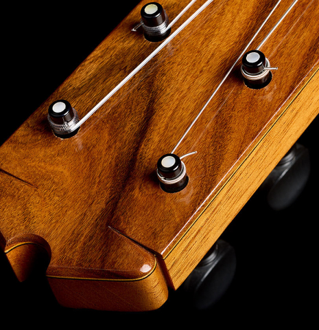 The pedhead of a 2015 Ethan Deutsch w/pegs flamenco negra guitar made of spruce and CSA rosewood