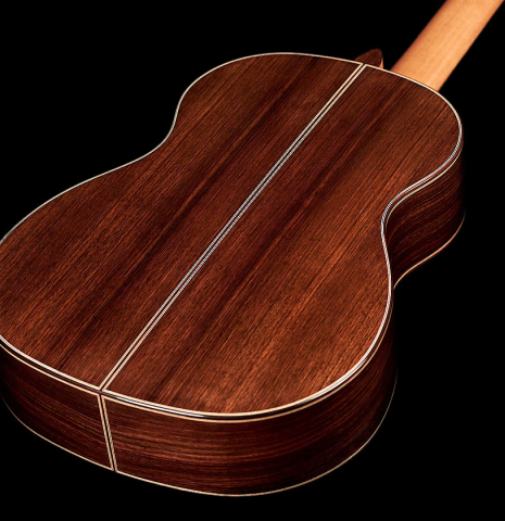 The back and sides of a 2023 Marc Dickinson “Cosmic” classical guitar made of cedar and Indian rosewood