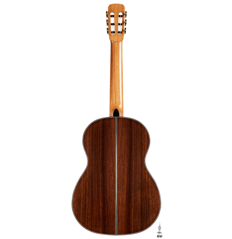 The back of a 2024 Marc Dickinson “Cosmic” classical guitar made of cedar and Indian rosewood