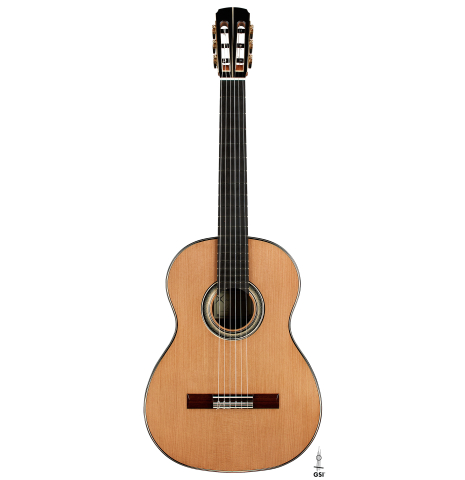 The back of a 2024 Marc Dickinson “Cosmic” classical guitar made of cedar and Indian rosewood