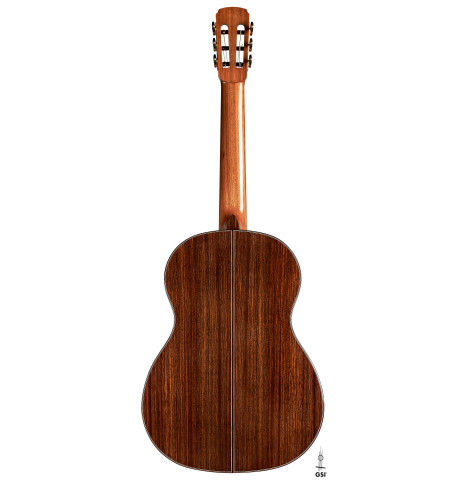 The back of a 2023 Marc Dickinson "Cosmic" classical guitar made of spruce and Indian rosewood
