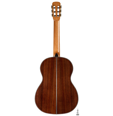 The back of a 2025 Marc Dickinson "Cosmic" classical guitar made of spruce and Indian rosewood
