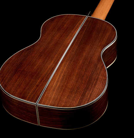The back and sides of a 2025 Marc Dickinson "Cosmic" classical guitar made of spruce and Indian rosewood
