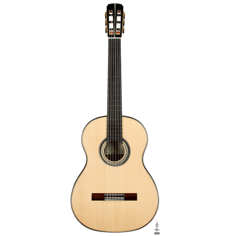 The front of a 2025 Marc Dickinson "Cosmic" classical guitar made of spruce and Indian rosewood