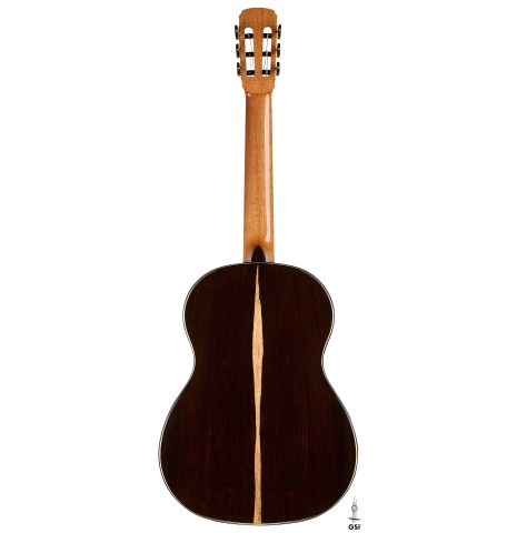 The back of a 2026 Marc Dickinson "Cosmic" classical guitar made of spruce and African blackwood