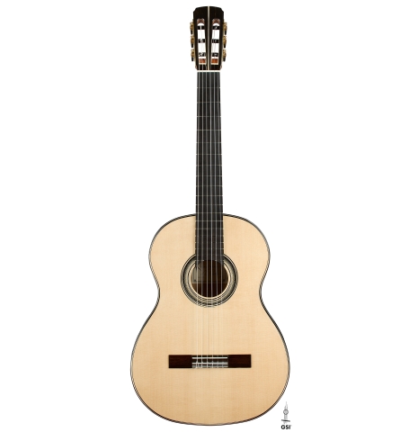 The front of a 2026 Marc Dickinson "Cosmic" classical guitar made of spruce and African blackwood
