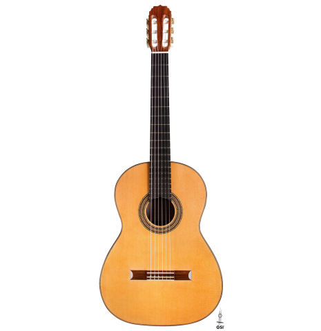 The front of a 2020 Vladimir Druzhinin classical guitar made of cedar and African rosewood
