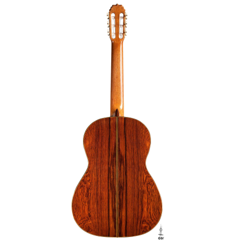 The back of a 2020 Vladimir Druzhinin classical guitar made of cedar and African rosewood