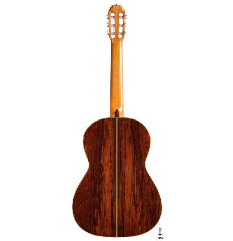 The back of a 2020 Vladimir Druzhinin classical guitar made of cedar and African rosewood. The back of a 2020 Vladimir Druzhinin classical guitar made of cedar and African rosewood.