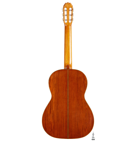 The back of a 2024 Vladimir Druzhinin classical guitar made with cedar and African rosewood.